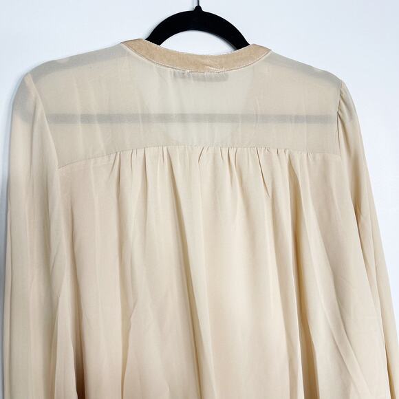 New Doe & Rae Large L Cream Pink Velvet Trim Pleated Long Sleeve Blouse Top - Picture 9 of 13